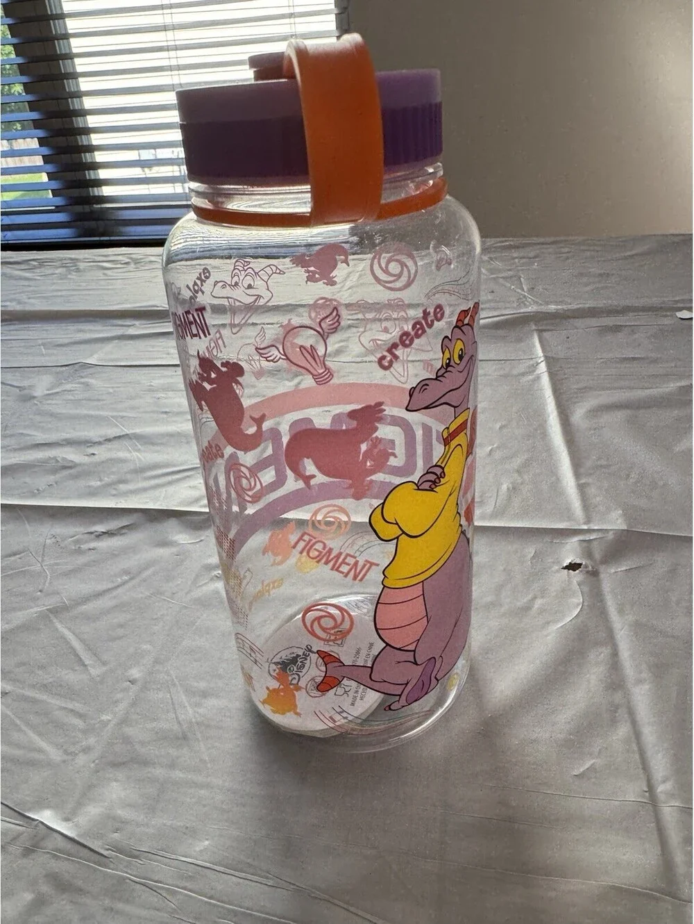 NEW Figment Water Bottle With Lid Strap Disney Parks WDW Epcot Theme Park